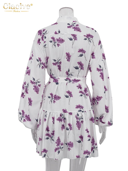 Print Women Dress Vintage Stand Collar Puff Sleeve Mini Dresses Elegant Lace-Up Pleated Female Dress