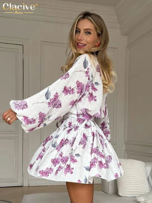 Print Women Dress Vintage Stand Collar Puff Sleeve Mini Dresses Elegant Lace-Up Pleated Female Dress