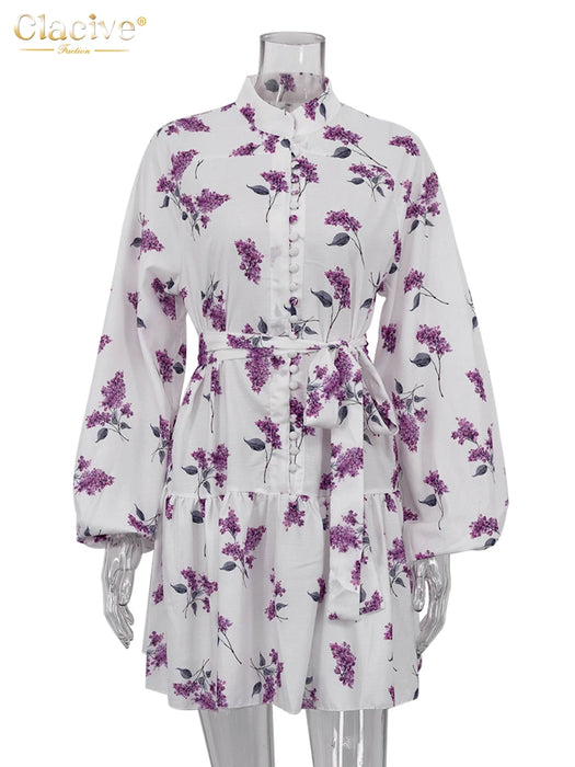 Print Women Dress Vintage Stand Collar Puff Sleeve Mini Dresses Elegant Lace-Up Pleated Female Dress