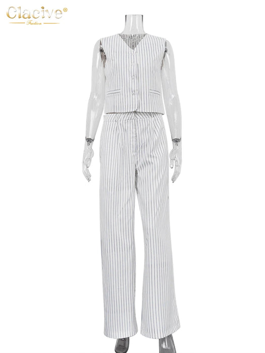 Office Lady Stripe Print Pants Sets For Women 2 Pieces Elegant Sleeveless Tank Top With High Waist Wide Trousers Suits