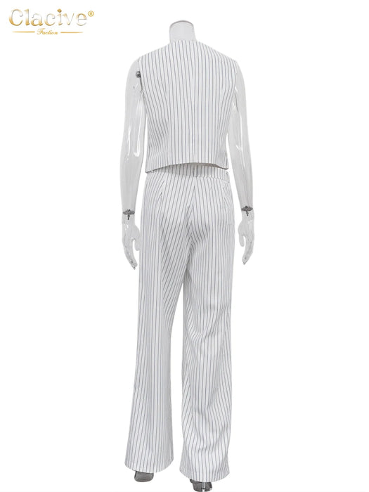 Office Lady Stripe Print Pants Sets For Women 2 Pieces Elegant Sleeveless Tank Top With High Waist Wide Trousers Suits
