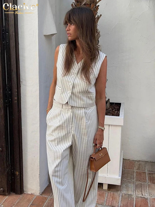 Office Lady Stripe Print Pants Sets For Women 2 Pieces Elegant Sleeveless Tank Top With High Waist Wide Trousers Suits