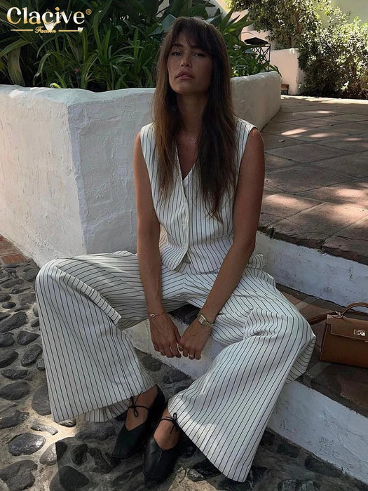 Office Lady Stripe Print Pants Sets For Women 2 Pieces Elegant Sleeveless Tank Top With High Waist Wide Trousers Suits