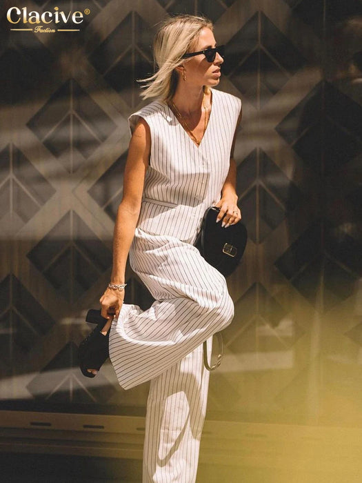Office Lady Stripe Print Pants Sets For Women 2 Pieces Elegant Sleeveless Tank Top With High Waist Wide Trousers Suits