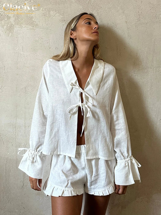 White Cotton 2 Piece Set Women Outfit Casual Long Sleeve Shirt With High Waist Short Set Female Streetwear