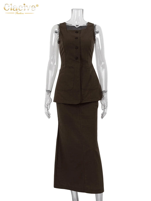 Summer Slim Brown Cotton 2 Piece Sets Women Outfit Elegant Sleeveless Tank Top With High Waist Long Skirts Set