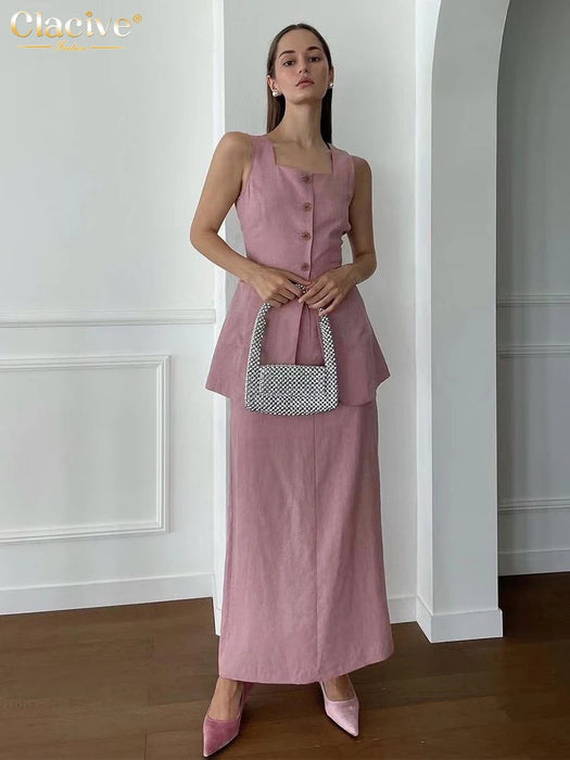 Summer Slim Brown Cotton 2 Piece Sets Women Outfit Elegant Sleeveless Tank Top With High Waist Long Skirts Set