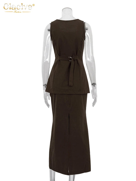 Summer Slim Brown Cotton 2 Piece Sets Women Outfit Elegant Sleeveless Tank Top With High Waist Long Skirts Set