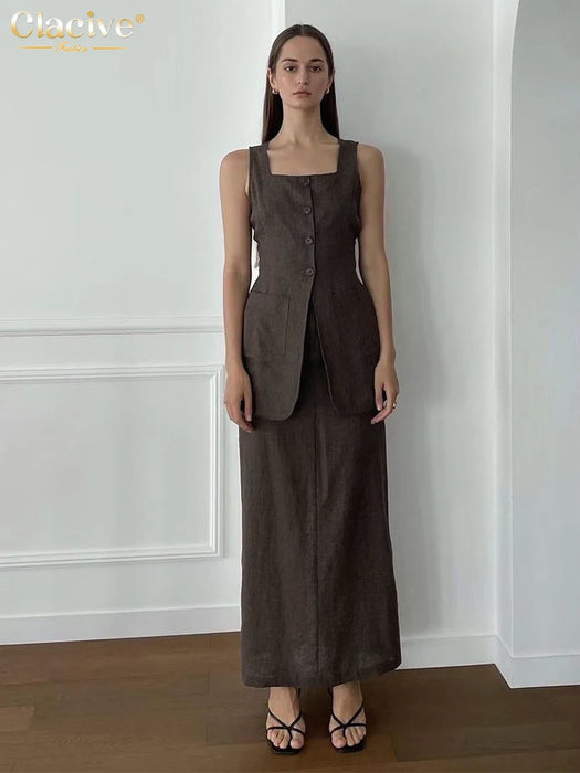 Summer Slim Brown Cotton 2 Piece Sets Women Outfit Elegant Sleeveless Tank Top With High Waist Long Skirts Set