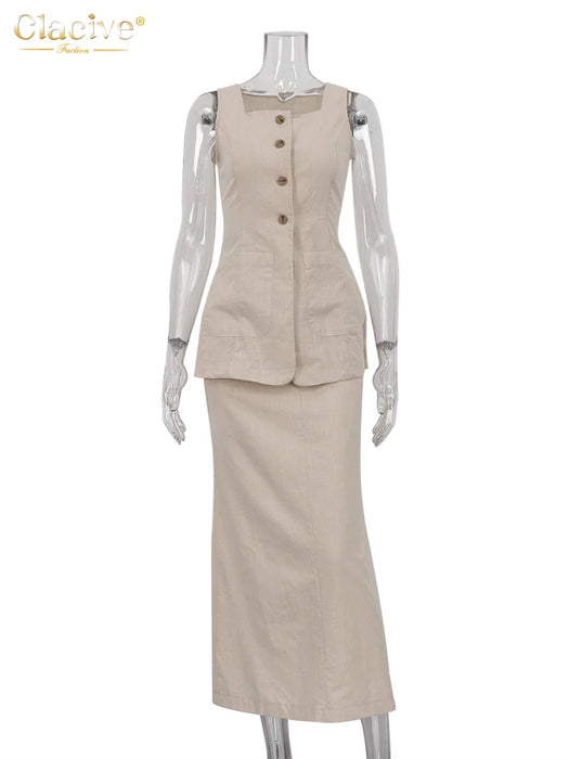 Summer Slim Brown Cotton 2 Piece Sets Women Outfit Elegant Sleeveless Tank Top With High Waist Long Skirts Set