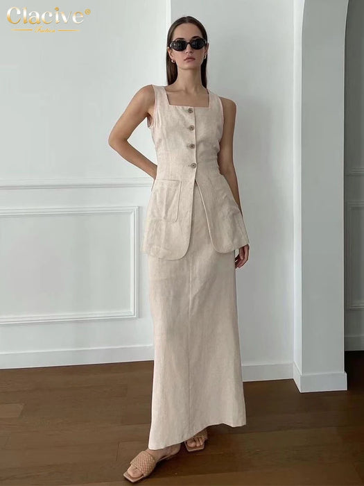 Summer Slim Brown Cotton 2 Piece Sets Women Outfit Elegant Sleeveless Tank Top With High Waist Long Skirts Set