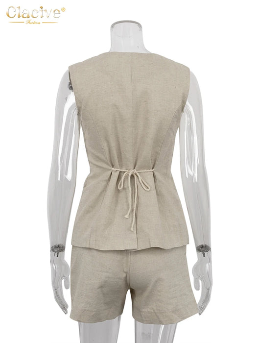 Summer Slim Khaki Linen 2 Piece Sets Women Outfit Fashion Sleeveless Tank Top With High Waist Shorts Set Female