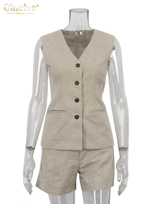 Summer Slim Khaki Linen 2 Piece Sets Women Outfit Fashion Sleeveless Tank Top With High Waist Shorts Set Female