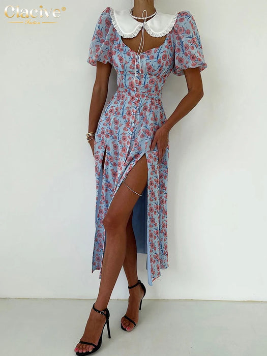 Summer Slim Print Midi Dress Lady Sexy Elegant Doll Collar Puff Sleeve Slit Party Dresses For Women