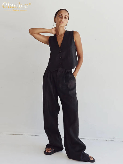 Office Lady Linen Two Piece Set For Women 2024 Fashion Sleeveless Tank Top New In Matching High Waist Wide Pants Set