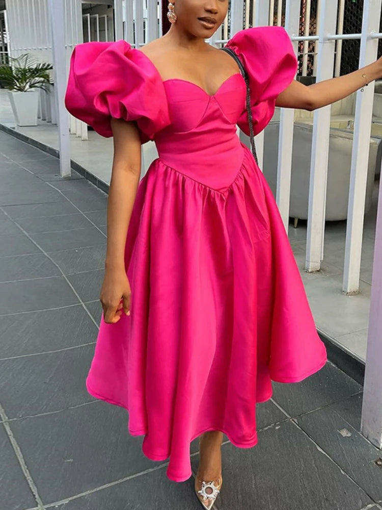 Classy Dresses for Women Sweetheart Neck Puff Sleeves Backless Pleated Midi Dress Summer Elegant Formal Party Wear Deep Pink / XXL