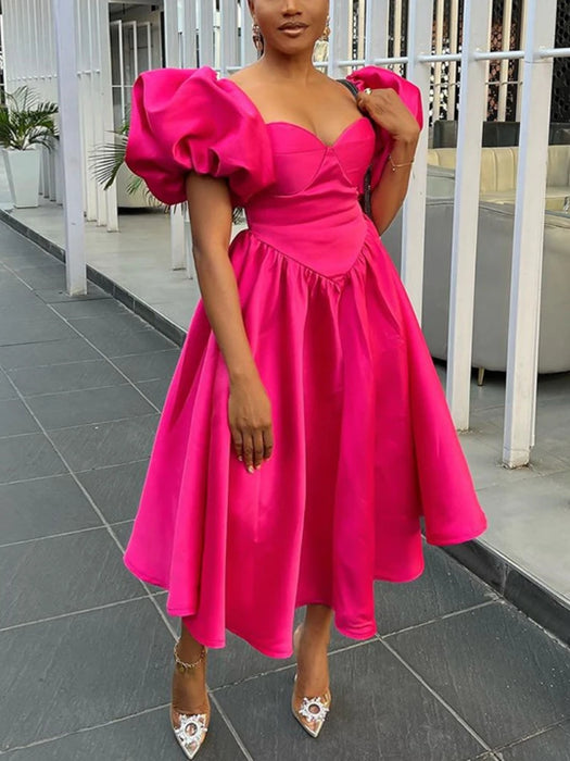 Classy Dresses for Women Sweetheart Neck Puff Sleeves Backless Pleated Midi Dress Summer Elegant Formal Party Wear Classy Dresses for Women Sweetheart Neck Puff Sleeves Backless Pleated Midi Dress Summer Elegant Formal Party Wear