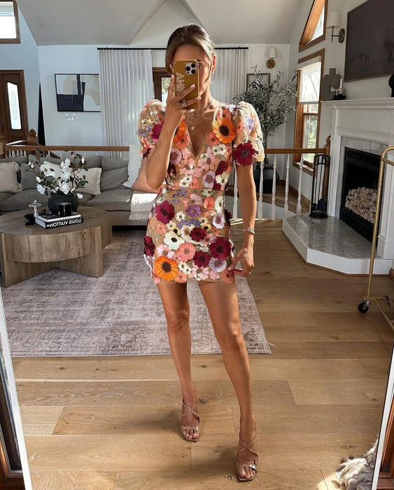 Appliques Fower wrap buttocks lantern sleeve dress new spring/summer