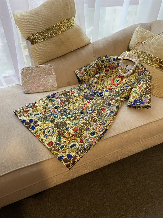 European Fashion Retro Exquisite Rhinestone Beaded Luxury Dress Women Party Night