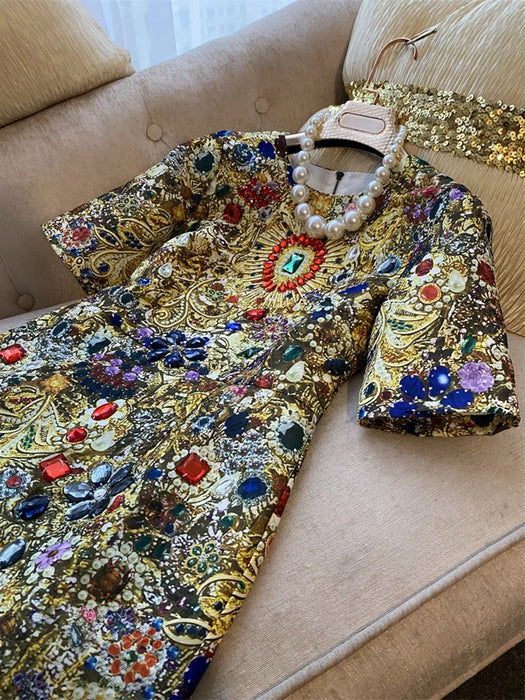 European Fashion Retro Exquisite Rhinestone Beaded Luxury Dress Women Party Night