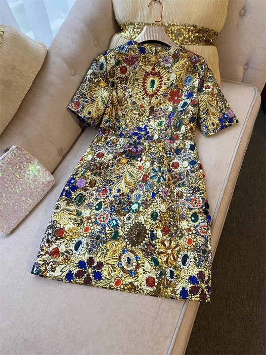 European Fashion Retro Exquisite Rhinestone Beaded Luxury Dress Women Party Night