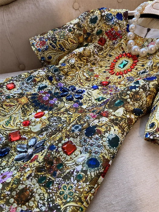 European Fashion Retro Exquisite Rhinestone Beaded Luxury Dress Women Party Night