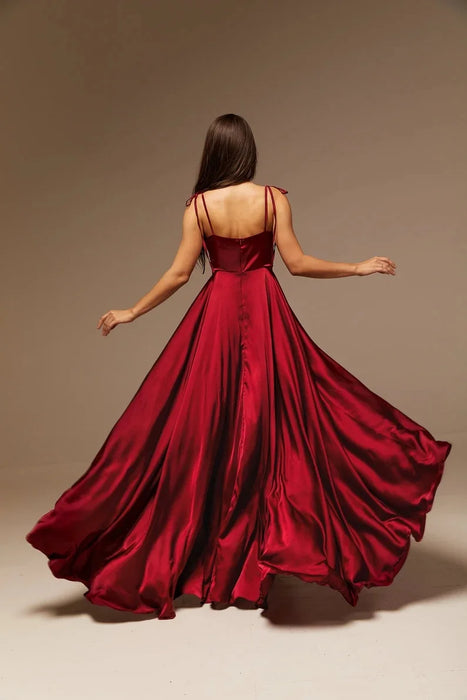 Burgundy Satin Maxi Flared Bridesmaid Dress Slit Sexy Open Back A Line Wedding Evening Gown with Train