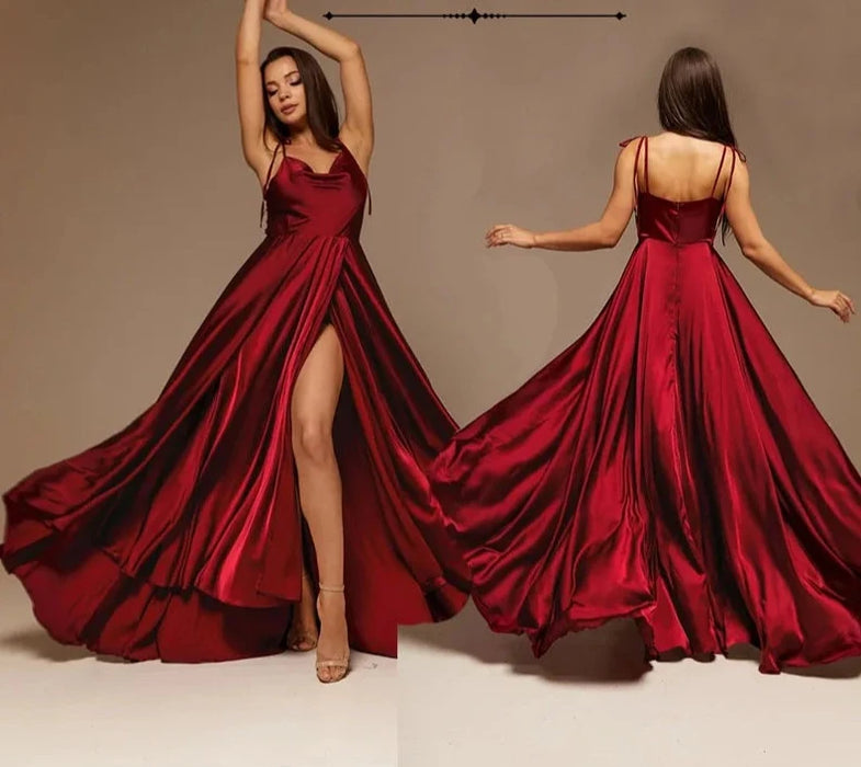 Burgundy Satin Maxi Flared Bridesmaid Dress Slit Sexy Open Back A Line Wedding Evening Gown with Train