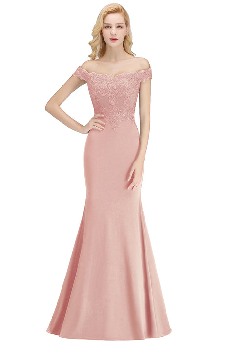 Embroidered Illusion Lace Tops Bridesmaid Dress Off-the-shoulder Neckline Draped Banded Sleeves Mermaid Gown