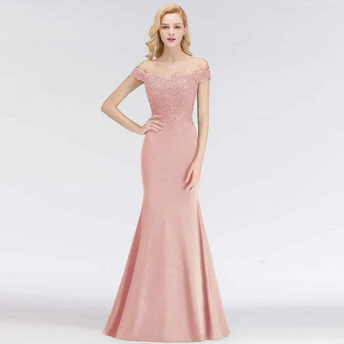Embroidered Illusion Lace Tops Bridesmaid Dress Off-the-shoulder Neckline Draped Banded Sleeves Mermaid Gown