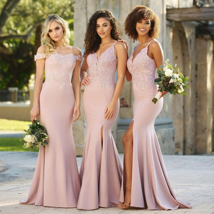 Embroidered Illusion Lace Tops Bridesmaid Dress Off-the-shoulder Neckline Draped Banded Sleeves Mermaid Gown