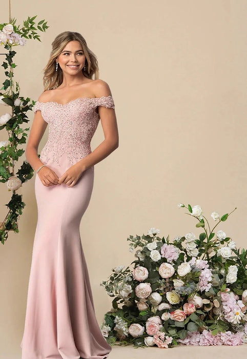 Embroidered Illusion Lace Tops Bridesmaid Dress Off-the-shoulder Neckline Draped Banded Sleeves Mermaid Gown