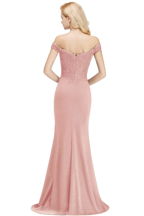 Embroidered Illusion Lace Tops Bridesmaid Dress Off-the-shoulder Neckline Draped Banded Sleeves Mermaid Gown