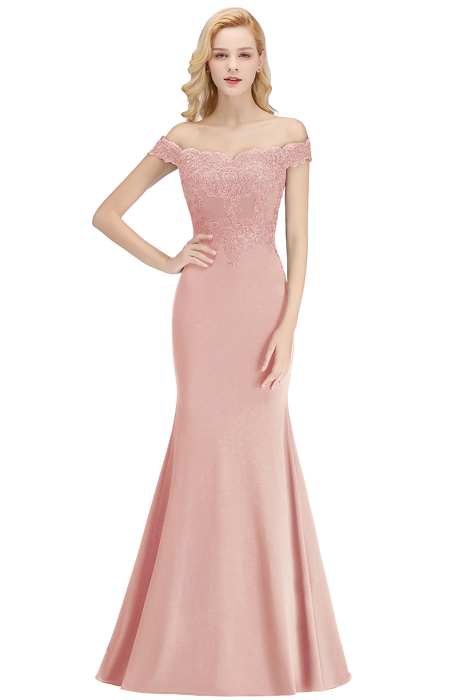 Embroidered Illusion Lace Tops Bridesmaid Dress Off-the-shoulder Neckline Draped Banded Sleeves Mermaid Gown