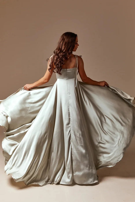 Mint Green Bridesmaid Dresses Satin Maxi Flared Dress High Slit Sexy Open Back A Line Wedding Evening Gown