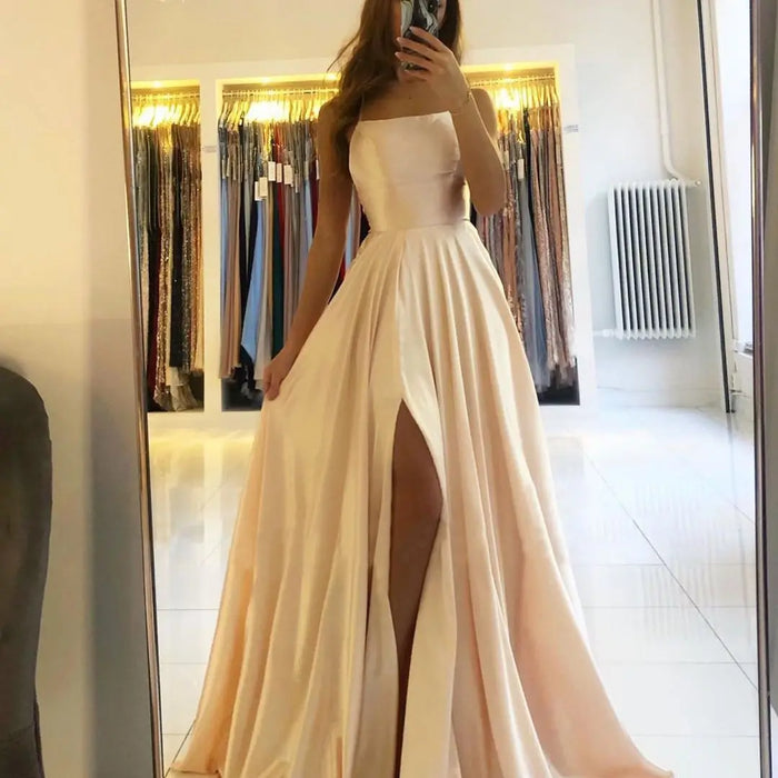 Prom Dress Spandex satin Slit Side Dress A-LINE Scoop Stretch High Split Long Evening Party Wedding Guest Gown
