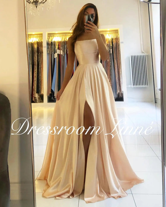 Prom Dress Spandex satin Slit Side Dress A-LINE Scoop Stretch High Split Long Evening Party Wedding Guest Gown