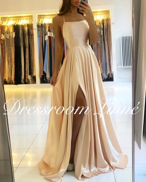 Prom Dress Spandex satin Slit Side Dress A-LINE Scoop Stretch High Split Long Evening Party Wedding Guest Gown