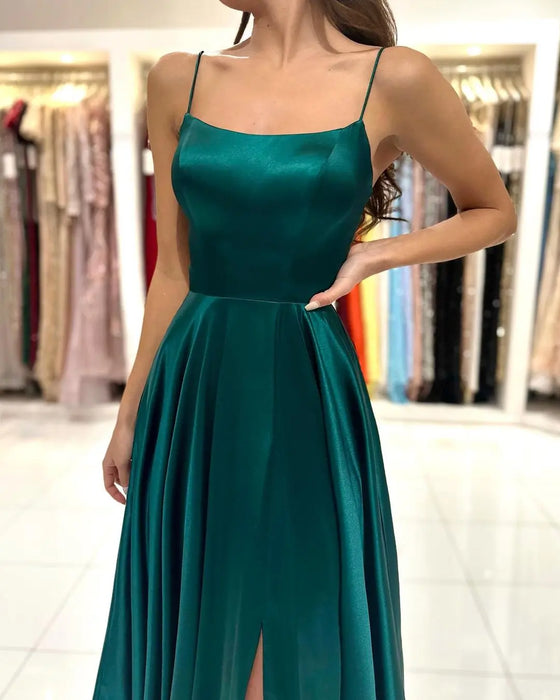 Satin Green Prom Dress Straight Neckline Structured Bodice Low Open Tie Lace Up Back long Satin A-line Gown