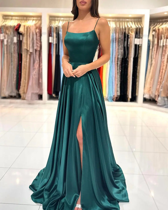 Satin Green Prom Dress Straight Neckline Structured Bodice Low Open Tie Lace Up Back long Satin A-line Gown