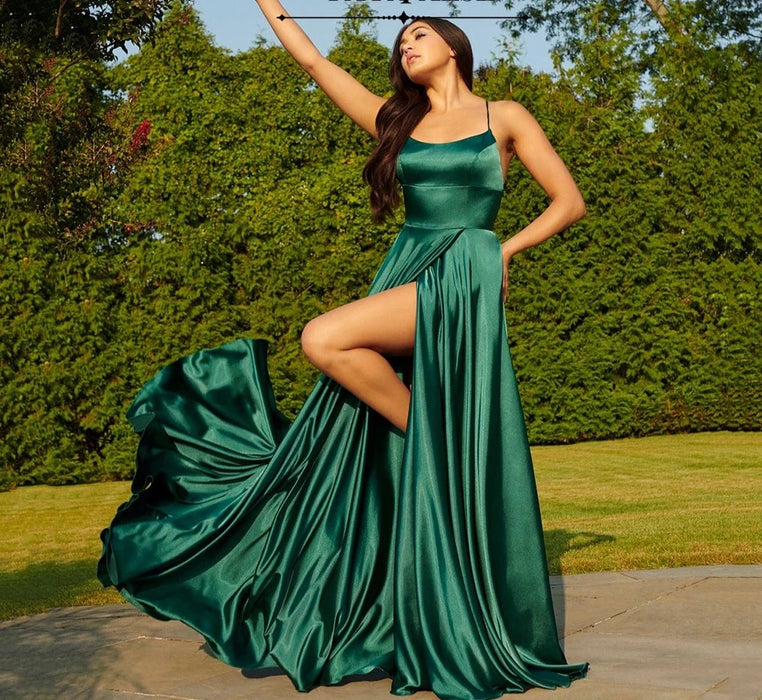 Satin Green Prom Dress Straight Neckline Structured Bodice Low Open Tie Lace Up Back long Satin A-line Gown