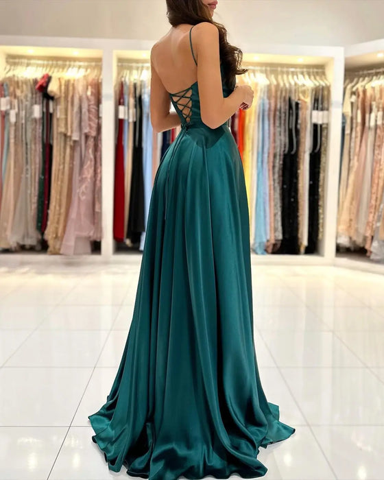 Satin Green Prom Dress Straight Neckline Structured Bodice Low Open Tie Lace Up Back long Satin A-line Gown