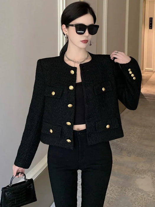 Fall Winter Tweed Jacket Coat Women Elegant Woolen Short Coats Streetwear Outwear Office Lady
