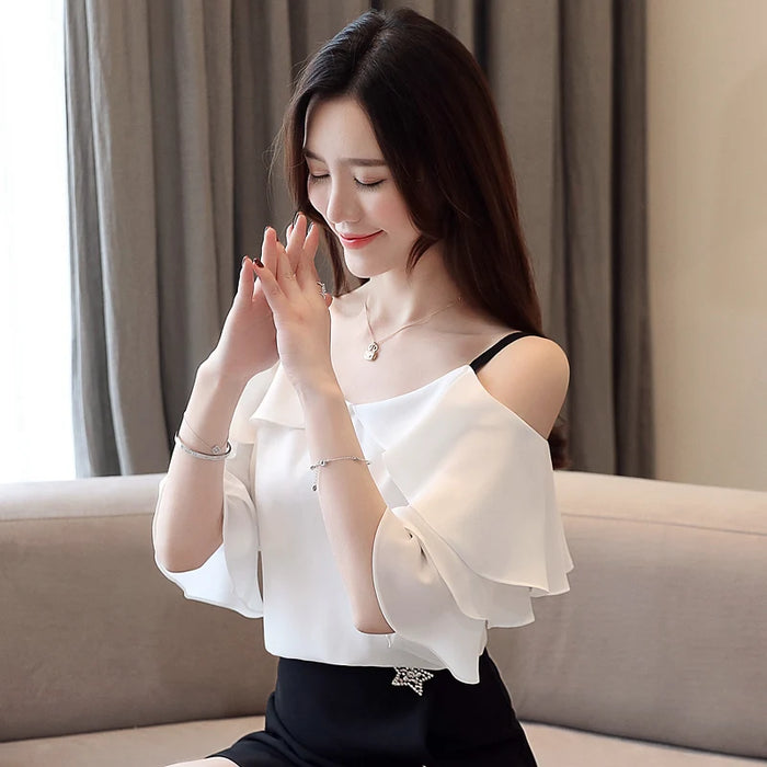 Fashion Blouses Woman Off Shoulder Top White Chiffon Tops And Blouses
