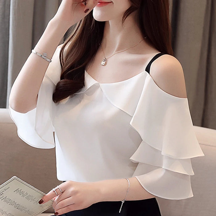 Fashion Blouses Woman Off Shoulder Top White Chiffon Tops And Blouses