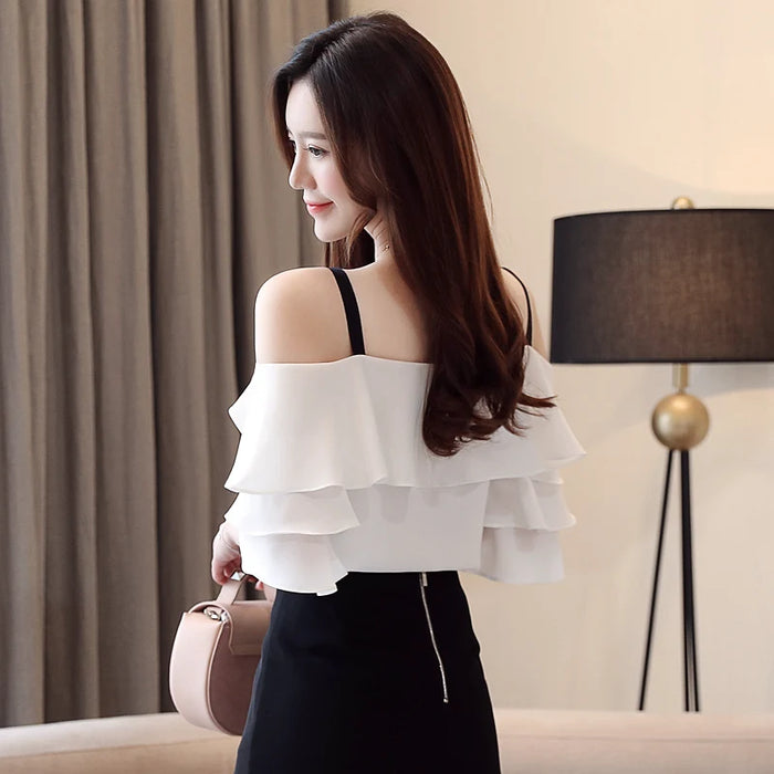 Fashion Blouses Woman Off Shoulder Top White Chiffon Tops And Blouses