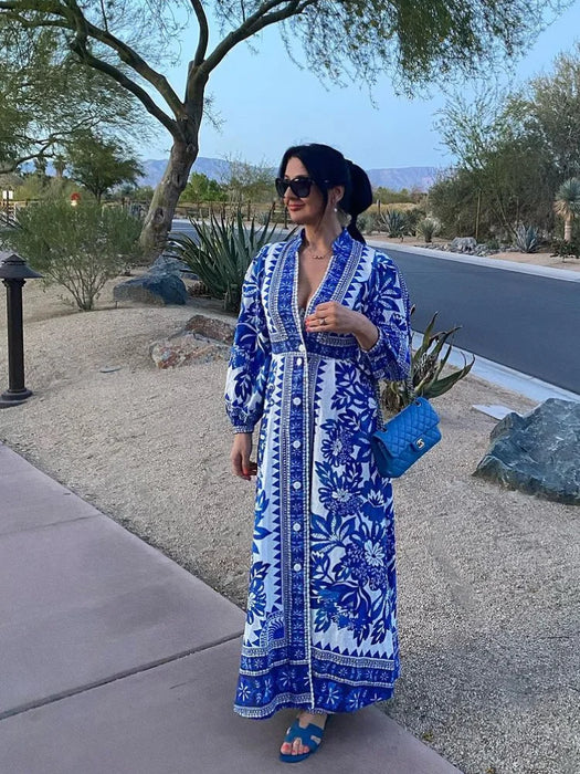 Fashion Blue Print Single Breast Maxi Dress Women Elegant Lapel Long Lantern Sleeves Long RobesBeach Vocation