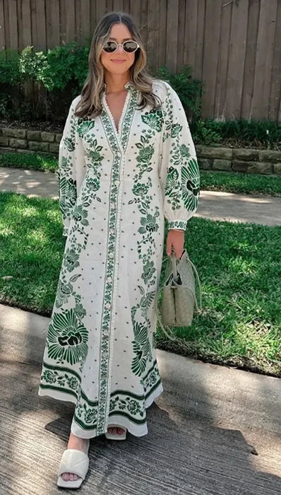 Fashion Blue Print Single Breast Maxi Dress Women Elegant Lapel Long Lantern Sleeves Long RobesBeach Vocation