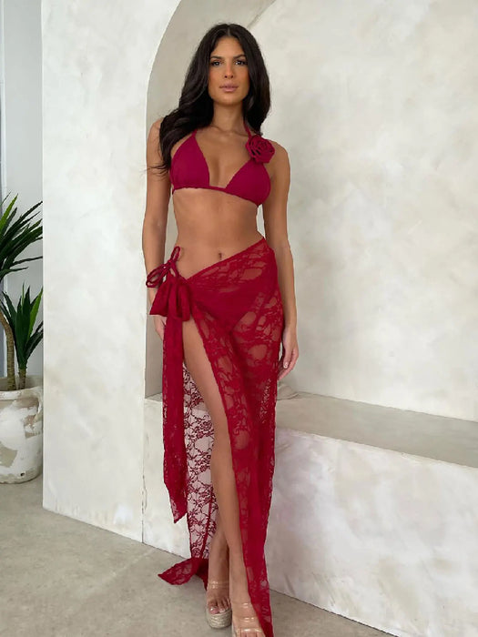 Fashion Sexy Solid Three Piece Bikini Set Padded Bra Tassel High Waist Beach Skirt Swimwear Summer Beach Holiday Bathing Suit