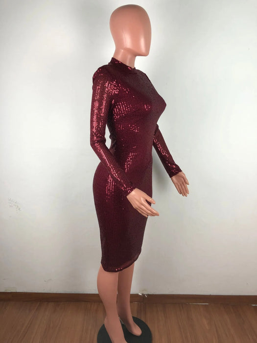 Spring Winter Dress Women Sequined Sexy Full Sleeve Bodycon O-Neck Night Club Party Street Bandage Midi Pencil Dresses